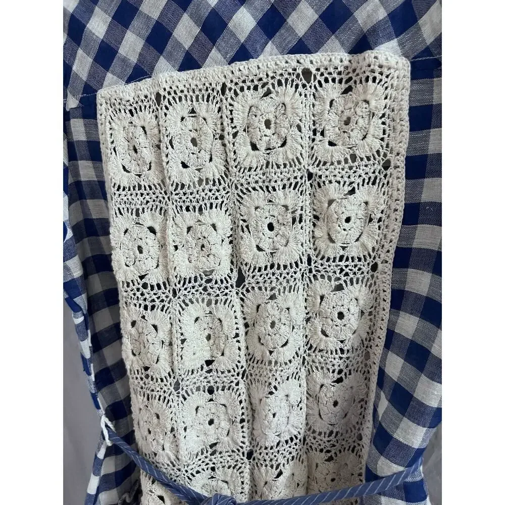 Free People Blue White Gingham Check Button Up Peplum Waist Top S Linen Blend